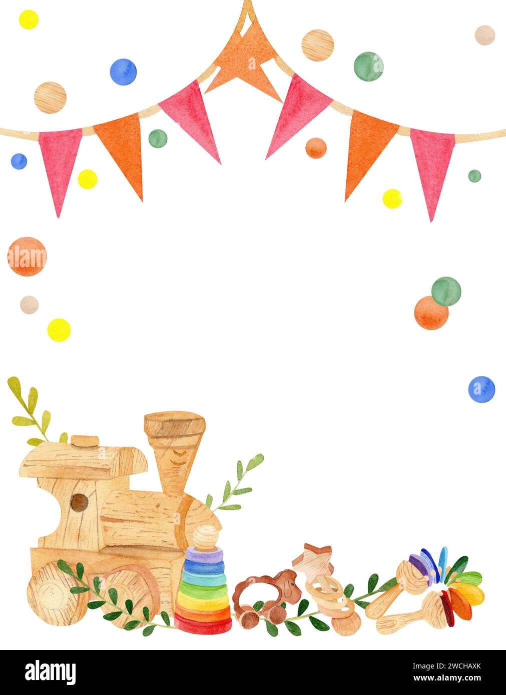 Illustrazione ad acquerello, giocattoli in legno disegnati a mano, una piramide, un treno, un sonaglino, bandiere, un anello dentale. Template, cornice su sfondo bianco. Foto Stock