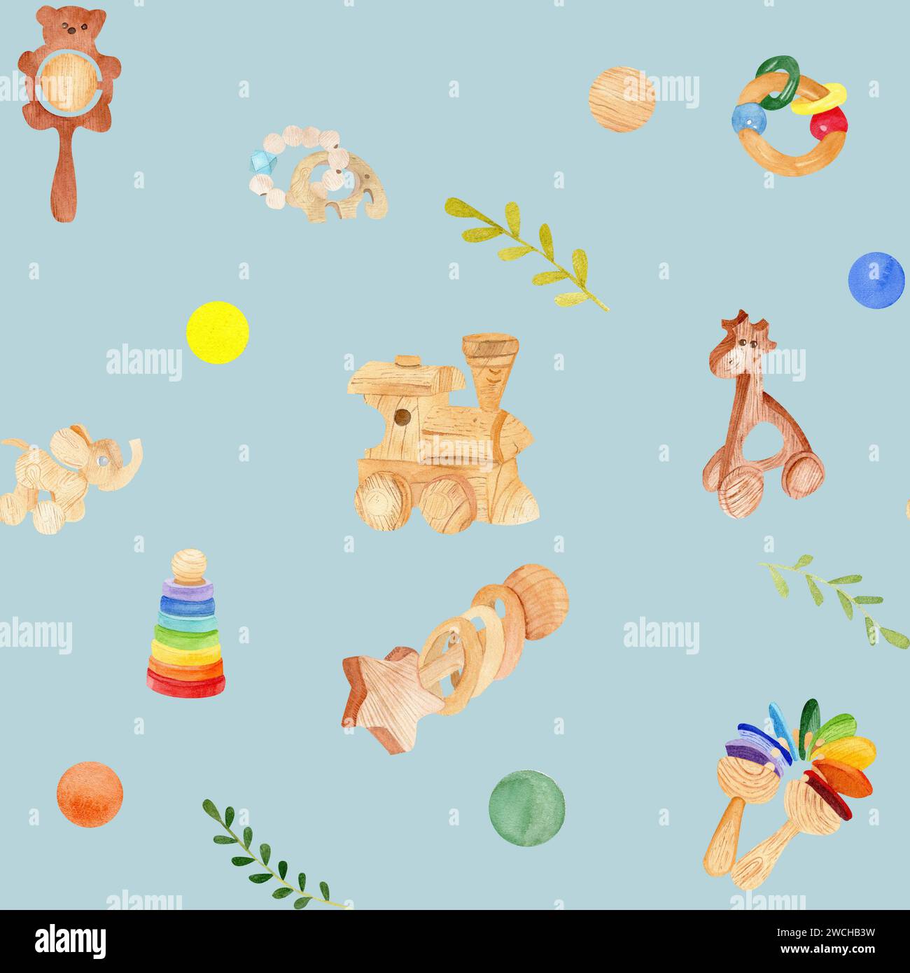 Motivo ad acquerello senza cuciture con giocattoli in legno per bambini: Piramide, accessori per dentizione, giraffa, sonaglino, sfondo blu locomotiva. Ideale per S Foto Stock