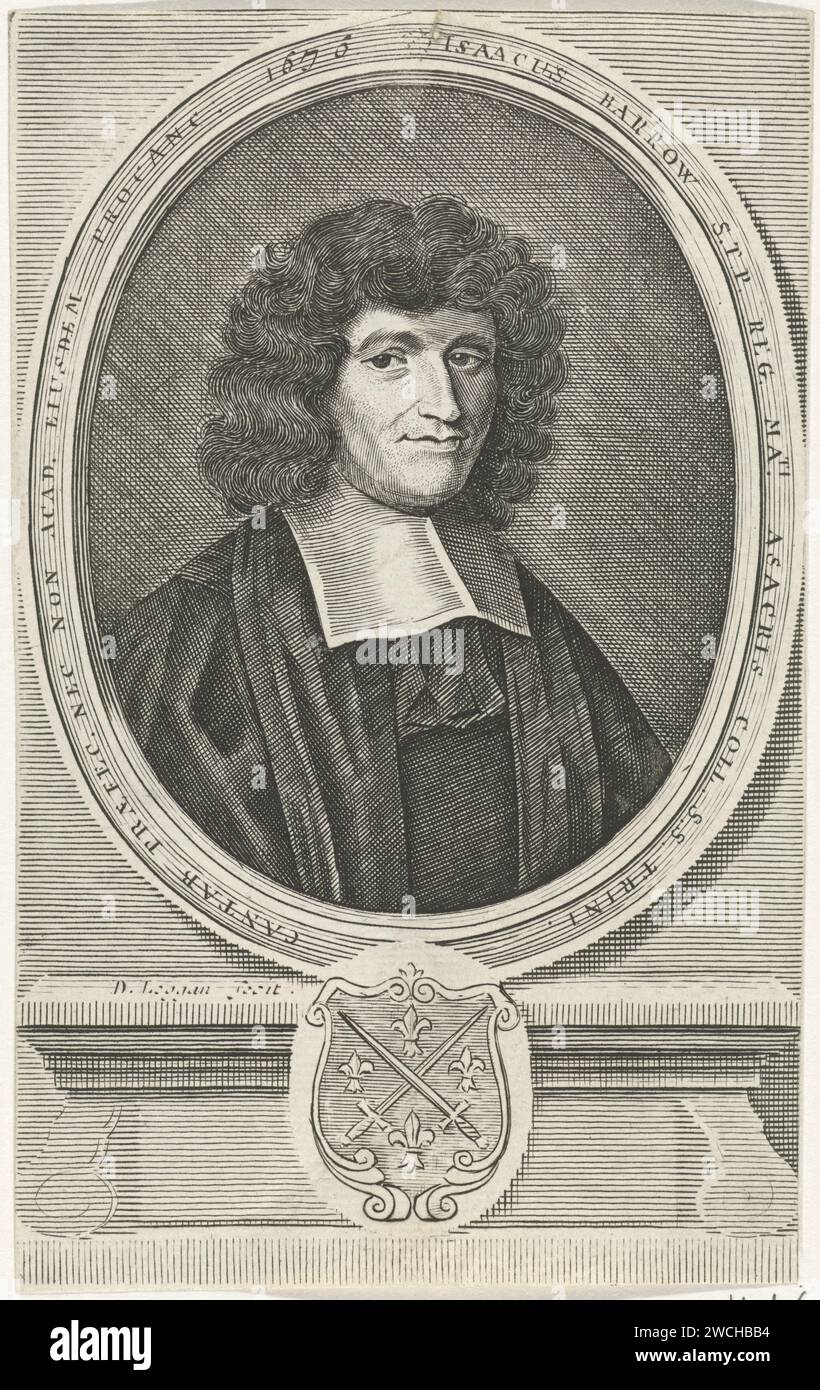 Il porto Van Isaac Barrow, David Logog, 1643 - 1692 stampa Ritratto di Isaac Barrow, matematico e teologo inglese. Sotto il ritratto, lo stemma di famiglia di Barrow. incisione su carta Foto Stock