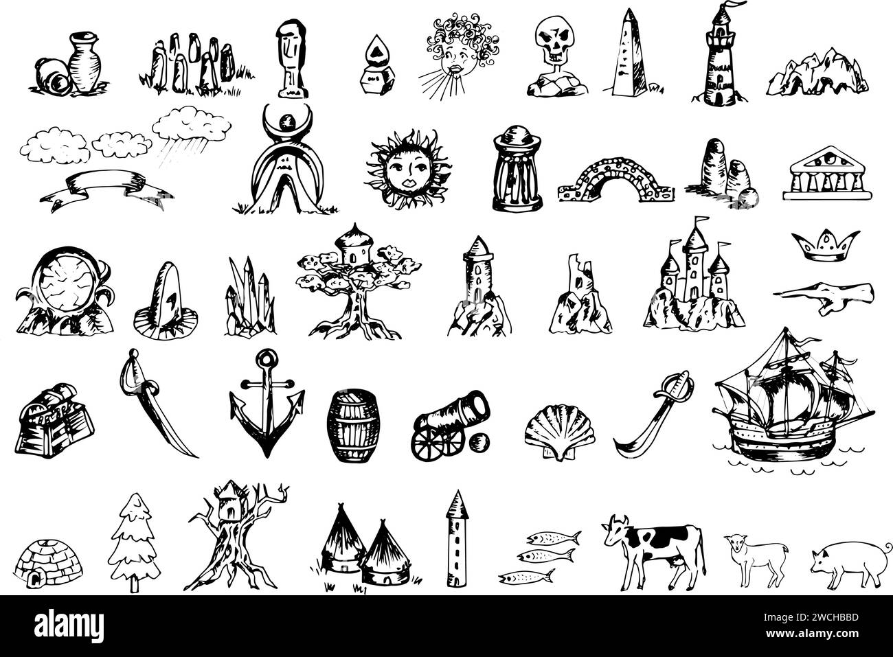 Elementi della mappa Fantasy per la cartografia e la creazione di mappe fantasy - design vettoriale Illustrazione Vettoriale