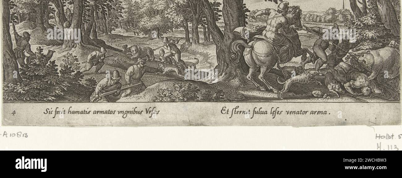 Berenjacht, Philips Galle (laboratorio di), dopo Hans Bol, 1582 - 1636 stampa uomini cacciano con lance su due orsi. Vengono utilizzati anche cani da caccia. La stampa ha una didascalia latina e fa parte di una serie di 54 stampe. Incisione di carta di Anversa esche per orsi (+ caccia con cani) Foto Stock