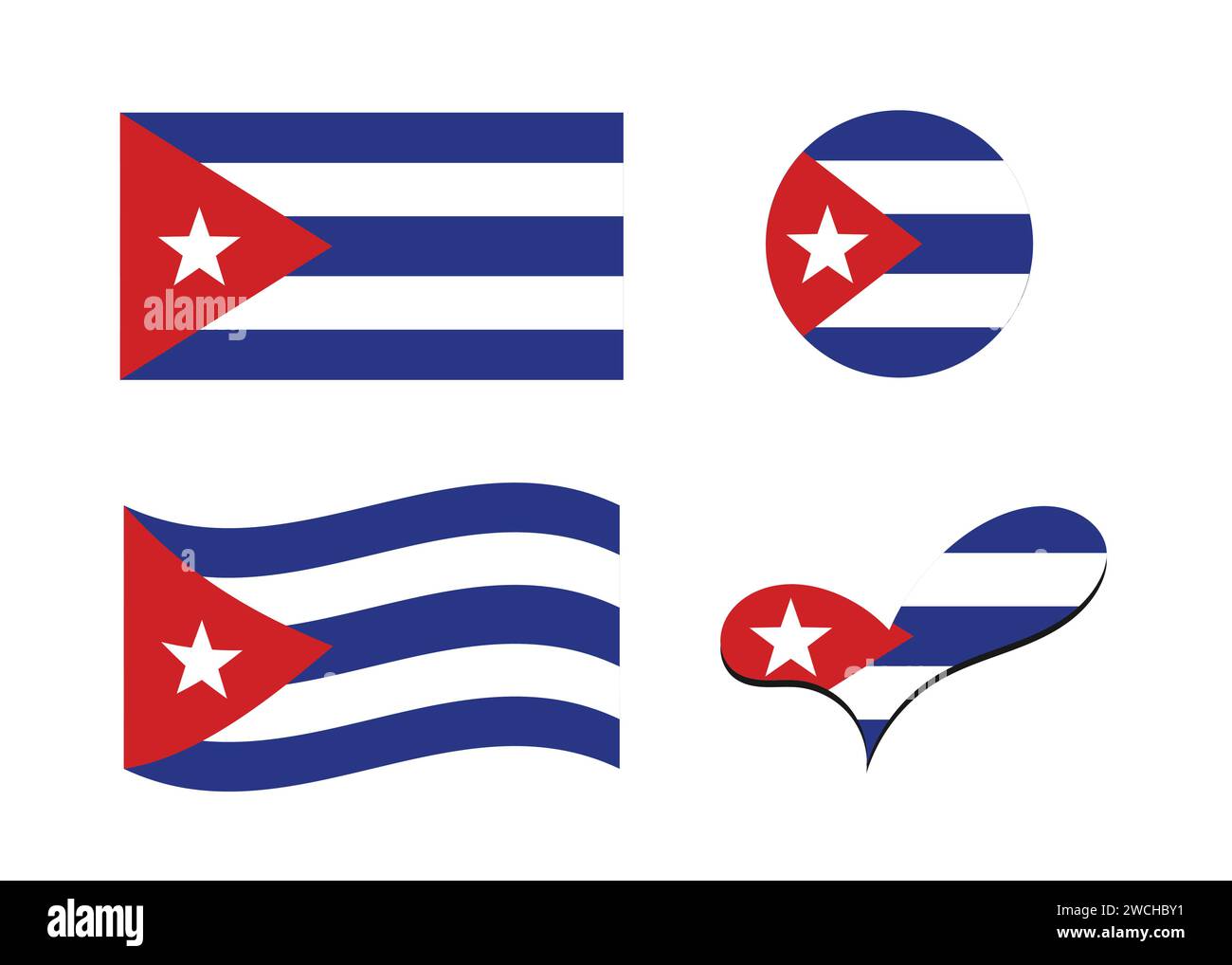 Bandiera di Cuba. Bandiera cubana a forma di cuore. Bandiera cubana a forma di cerchio. Variazioni della bandiera del paese. Illustrazione Vettoriale