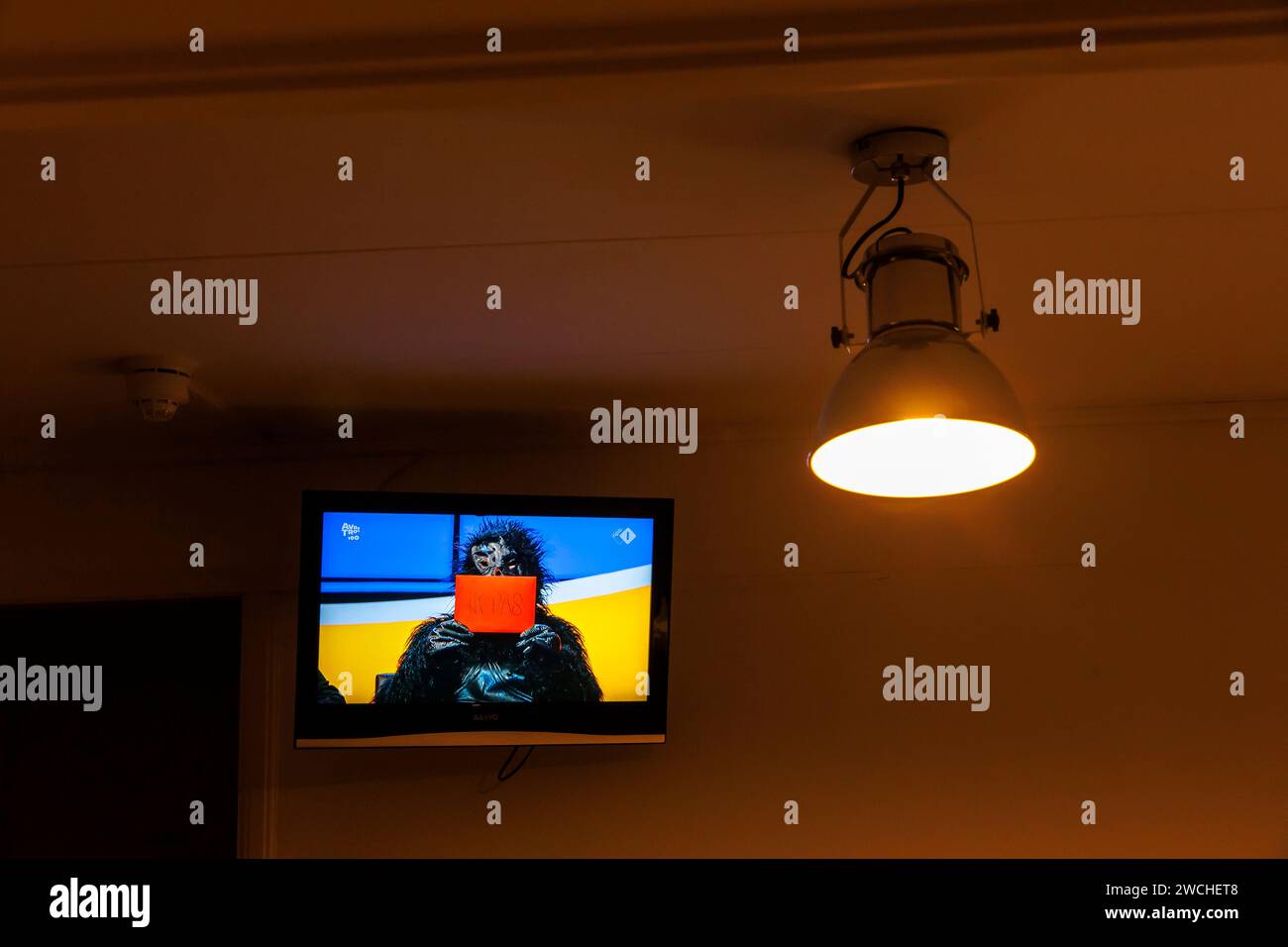 Televisione in una camera d'albergo a Oostkapelle su Walcheren, Zelanda, Paesi Bassi. Fernseher in einem Hotelzimmer in Oostkapelle auf Walcheren, Zelanda, N Foto Stock