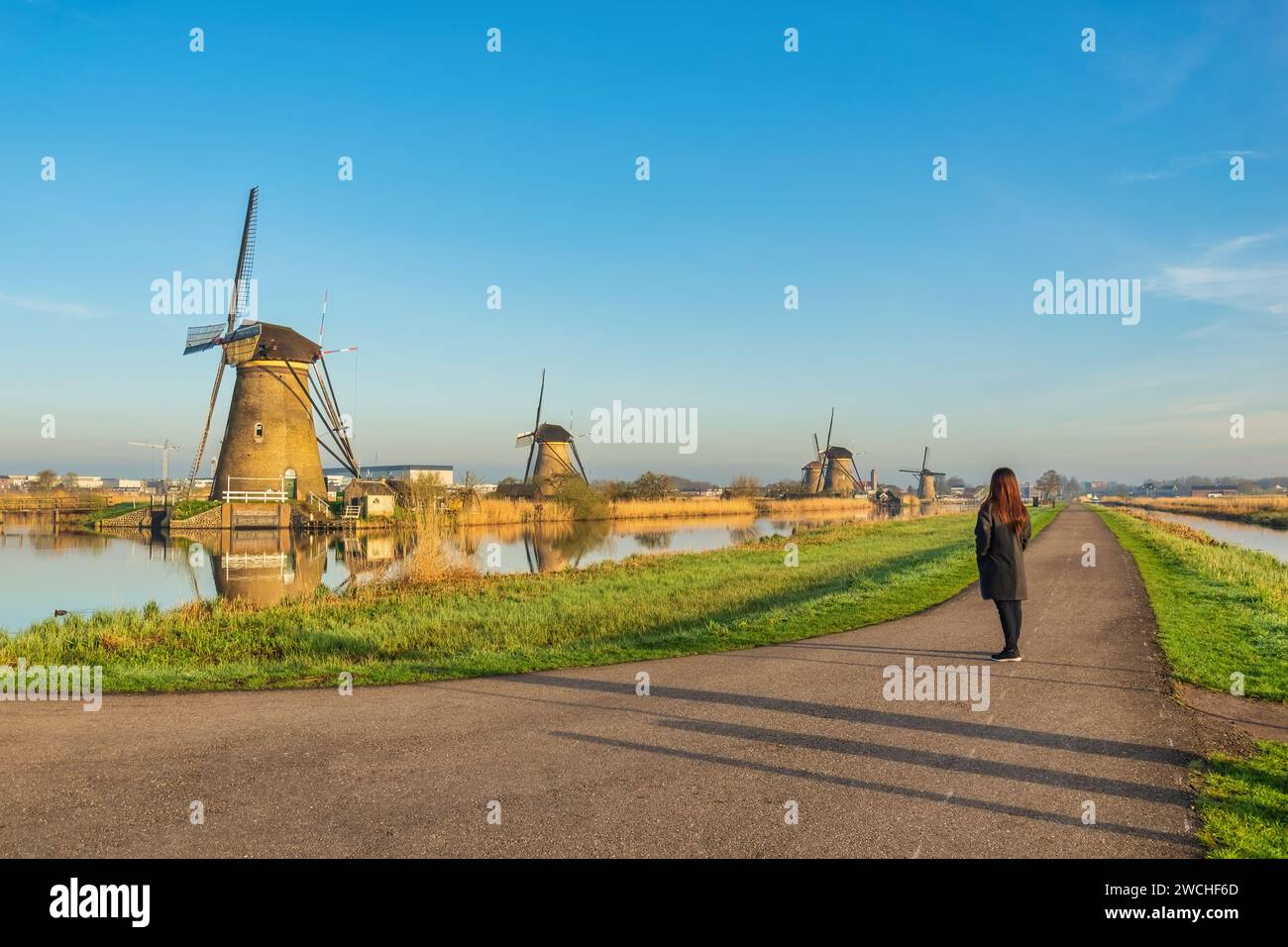 Paesaggio olandese dei mulini a vento al Kinderdijk Village Netherlands con turisti donne Foto Stock