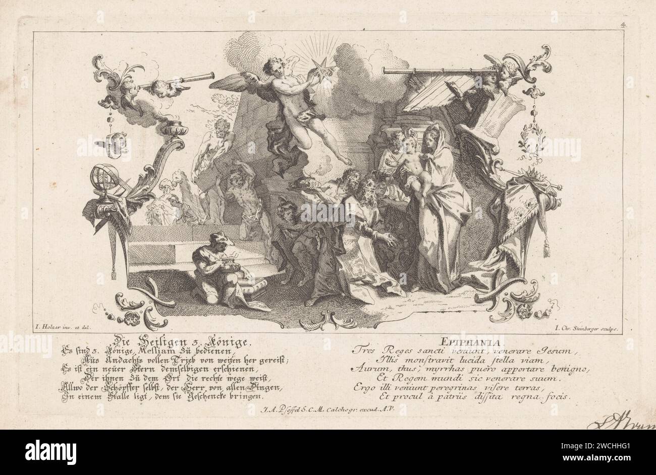 Adorazione dei Re, Johann Christoph Steinberger, in onore di Johann Evangelist Holzer, 1719 - 1727 stampa il culto dei tre re. Maria e Giuseppe sono sulla destra con il bambino di Cristo per i tre re inginocchiati. Nel mezzo, un angelo tiene la stella che indicava i salari verso il bambino. A sinistra arriva il risultato dei re con doni. Intorno allo spettacolo ornamenti Rocaille. Due volte un testo tedesco e latino a sette righe nel margine inferiore. Carta di Augusta che incide l'adorazione dei re: I saggi presentano i loro doni al bambino di Cristo (oro, incenso e mirra) Foto Stock