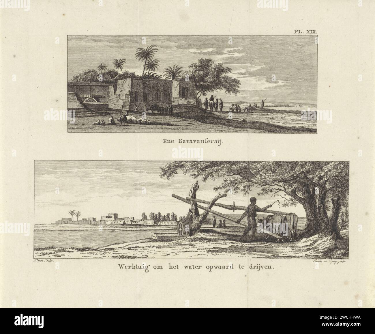 Figure in un caravanserraglio e un uomo in una pompa dell'acqua, Reinier Vinkeles (i), dopo Dominique Vivant Denon (barone), 1803 - 1805 stampano due foto su un piatto; sopra un caravanserraglio, un luogo dove pernottare per le roulotte e sotto un uomo che guida una pompa d'acqua lungo un fiume con due mucche. In alto a destra: pl.xix. Amsterdam paper etching hotel, Hostelry, inn. Tapis roulant Egitto Foto Stock