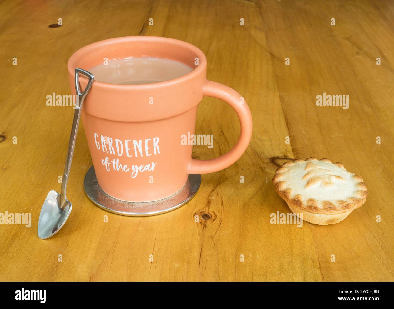 Una tazza da giardiniere dell'anno contenente tè e un cucchiaio a forma di vanga e torta macinata, regalo di Natale. Foto Stock
