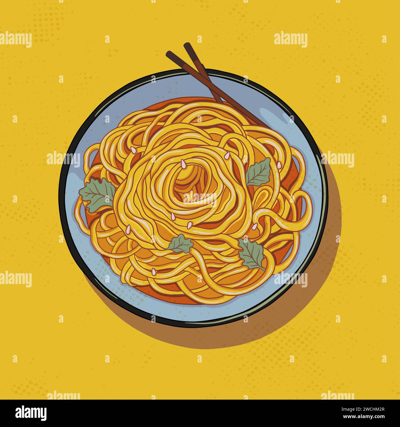 Spaghetti cinesi in un piatto con bacchette. Spaghetti cotti con foglie verdi dall'alto. Illustrazione in stile cartoni animati adatta per un menu caffetteria. Illustrazione Vettoriale Spaghetti cinesi in un piatto con bacchette. Spaghetti cotti con foglie verdi dall'alto. Illustrazione in stile cartoni animati adatta per un menu caffetteria. Illustrazione Vettoriale
