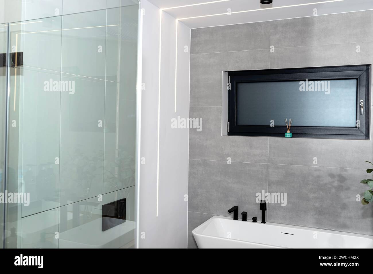 Strisce luminose a LED montate a parete in un bagno moderno, vasca da bagno a vista. Foto Stock