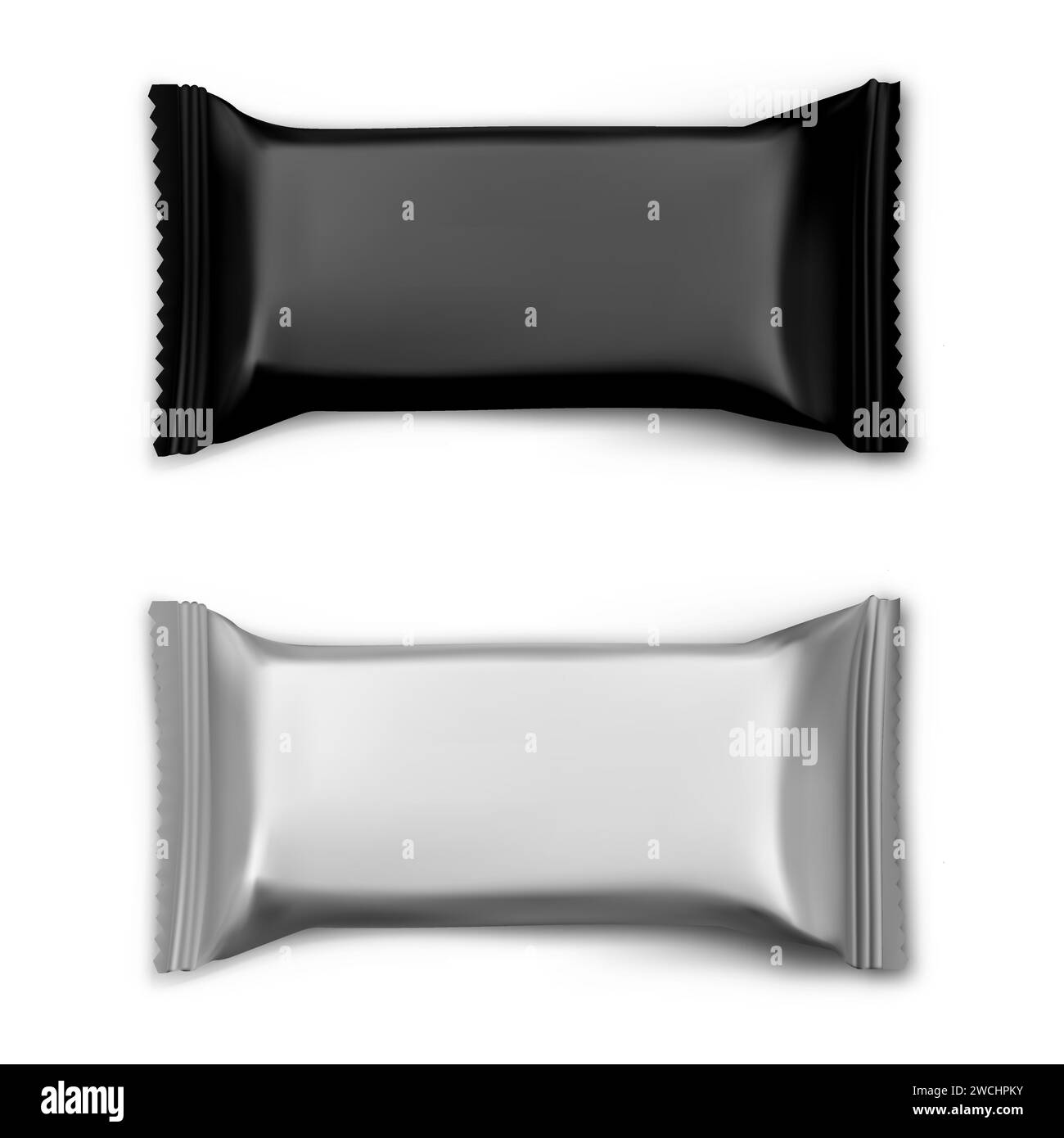 Mockup al cioccolato. Involucro per snack biscotti vuoto. Astuccio in alluminio per caramelle, modello per confezione in polietilene Energy bar per pubblicità e ballo con logo e marchio Illustrazione Vettoriale