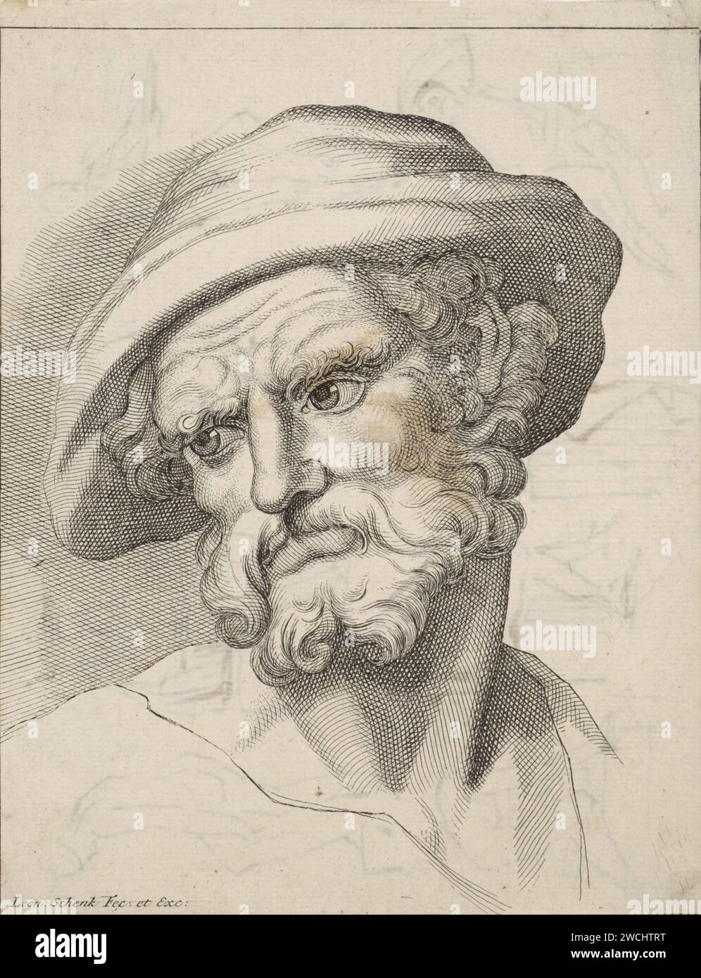 Studio di un capo di un vecchio, Leonard Schenk (Rejected Attribution), 1710 - 1767 stampa Studio di un capo di un vecchio, un contadino (?), tre quarti a sinistra con barba e cappello. Testina per incisione/incisione su carta Amsterdam (umana) (+ vista a tre quarti). vecchio. copricapo: cappello (+ abiti da uomo) Foto Stock