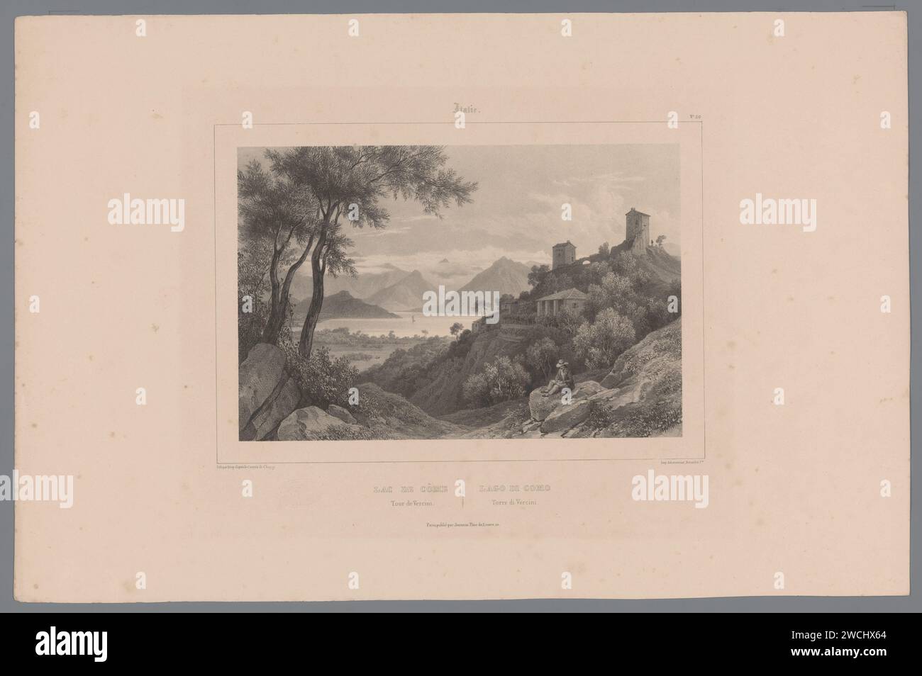 Veduta di Varerna sul Lago di Como, Isodore -Laurent Deroy, dopo Nicolas Marie Joseph Chapuy, 1838 - 1841 la stampa fa parte di una copertina con sei stampe. Lago di carta di Parigi (+ paesaggio con figure, personale). montagne (+ paesaggio con cifre, personale). paesaggio con rovine. Disegnatore al lavoro - CC - fuori porta Varenna Foto Stock
