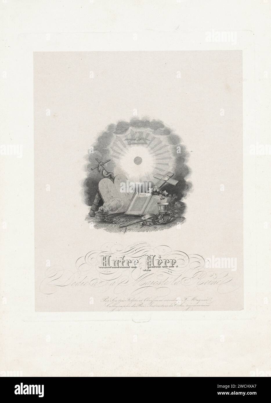 Natura morta con simboli cristiani, Anonimo, 1832 - 1850 stampa a sinistra di una croce con un serpente dietro due cene in pietra con i dieci comandamenti. Davanti a sinistra un censer. Sulla destra il nuovo Testamento per una croce e un buono per l'uva. Nella parte anteriore degli strumenti della passione e un errore di codifica sulla destra. Sopra i nostri, nel mezzo di una corona di getti con lo Spirito Santo sopra di essa. Sotto una didascalia francese. Tipografia: Paesi bassi carta di Bruxelles. Incidere rappresentazioni allegoriche e simboliche  la Chiesa e la religione. i dieci comandamenti rappresentati insieme su tavolette di pietra. Nuovo Testamento. Arma Foto Stock