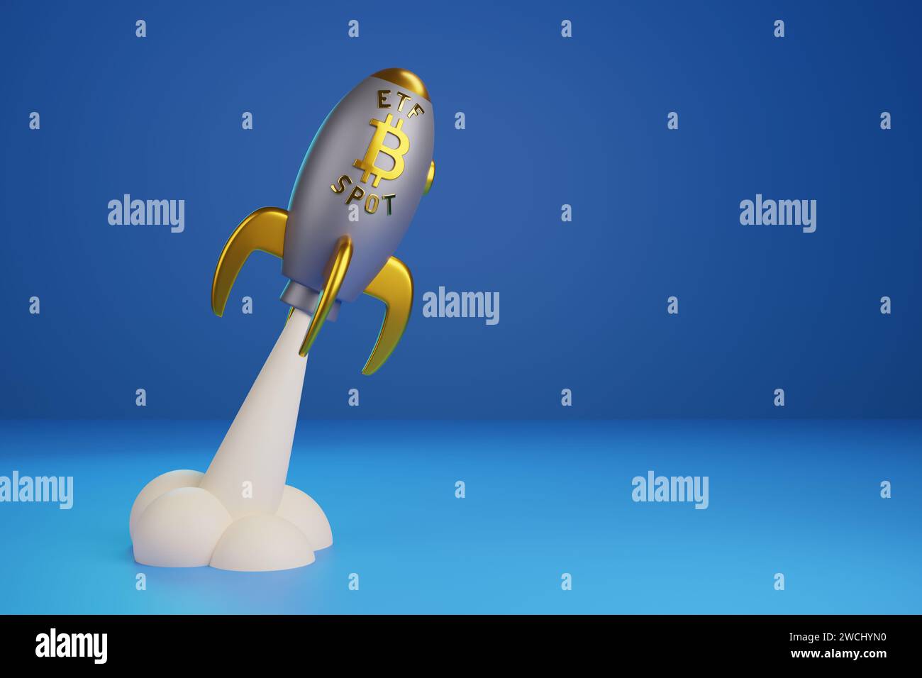 Aerei spaziali cartoonici con segnale bitcoin ETF Spot che decolla spazio copia bianco. illustrazione 3d. Foto Stock