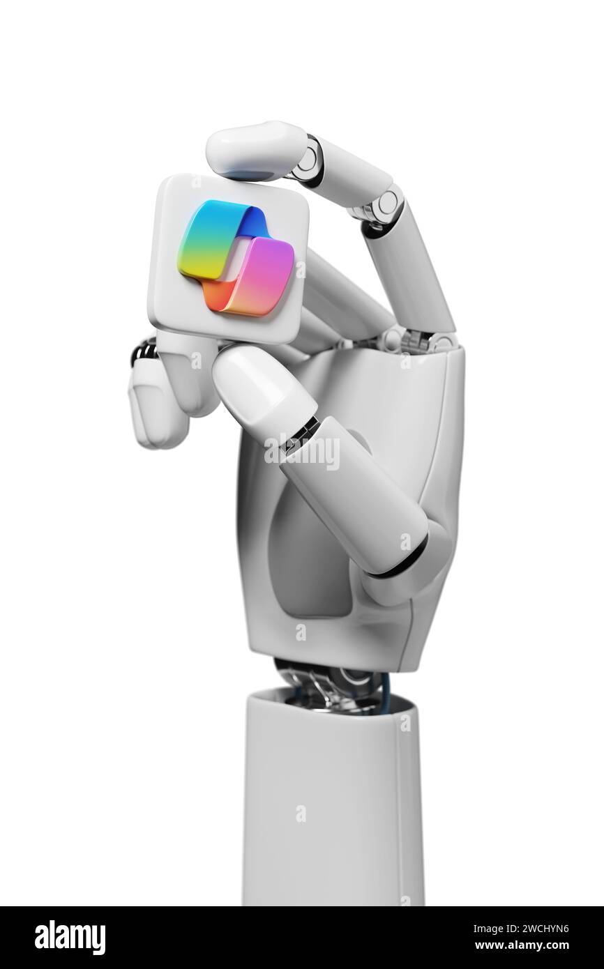 Buenos Aires, Argentina - 11 gennaio 2024: Mano robotica che regge un'icona del logo del copilota isolata su sfondo bianco. illustrazione 3d. Foto Stock