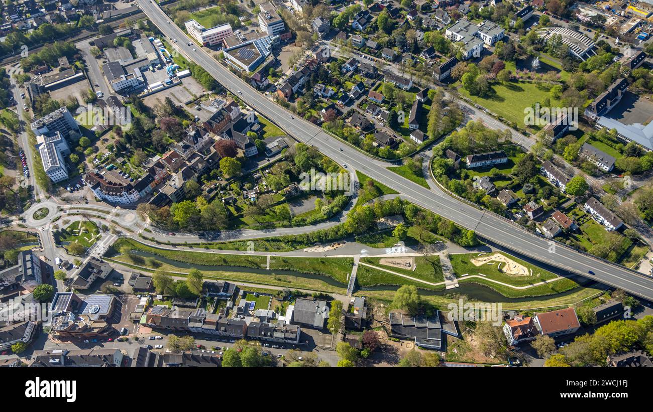 Vista aerea, Seseke Park, fiume Seseke, autostrada federale B233, Kamen, regione della Ruhr, Renania settentrionale-Vestfalia, Germania Foto Stock