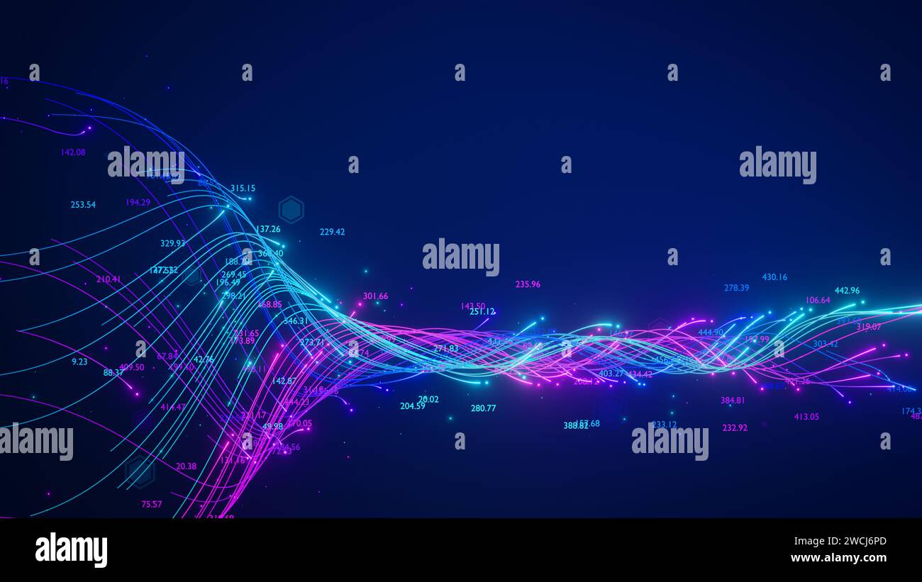 Tecnologia di intelligenza artificiale per l'analisi dei big data. Rete neurale e intelligenza artificiale che analizzano informazioni complesse. Flusso di dati e pipeline per bus automatizzati Foto Stock
