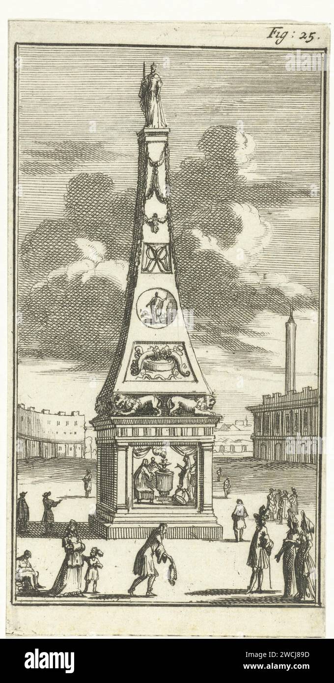 Obelisco con la statua di Maria II Stuart, Jan Luyken, 1691 stampa in alto a destra segnata: Fig. 25. Tipografia: Amsterdampublisher: The Hague paper etching obelisk, Needle Foto Stock