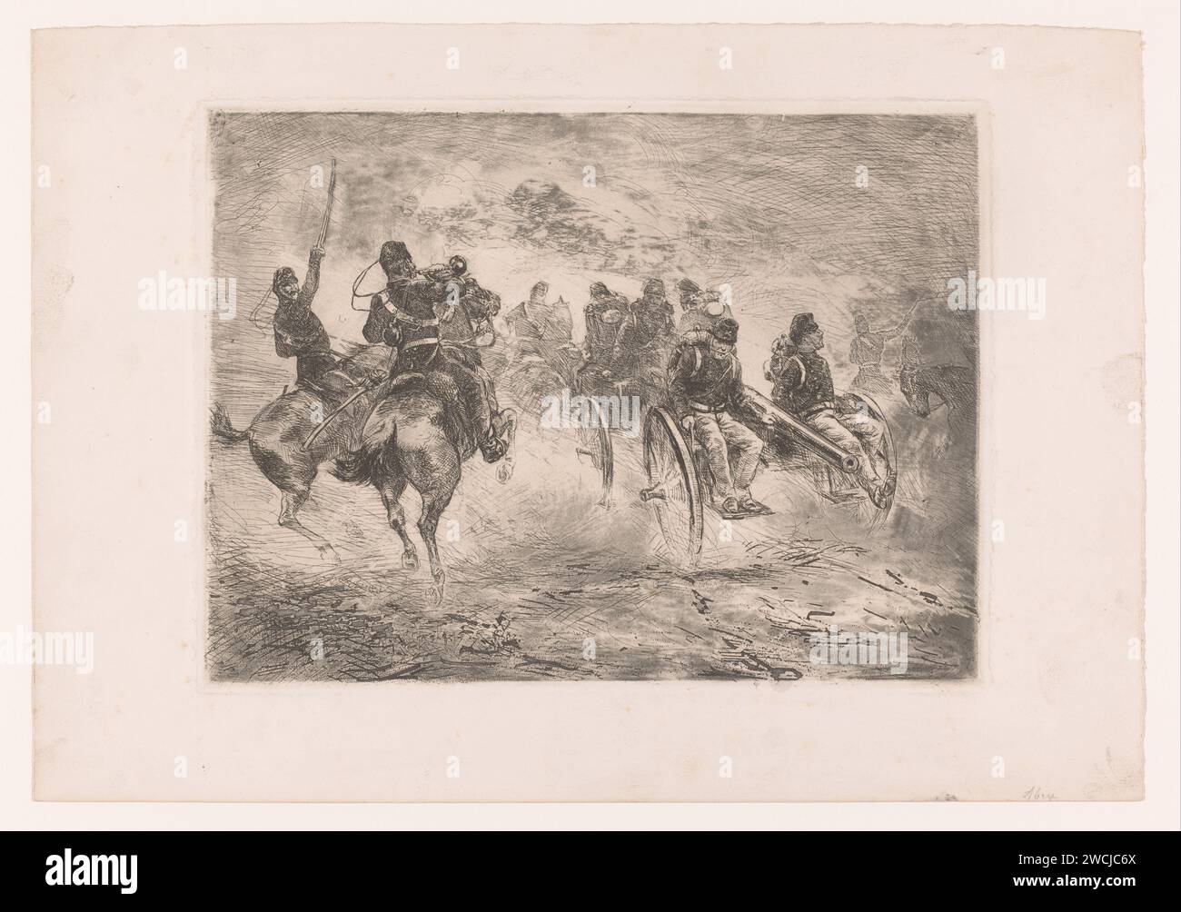 Artiglieria su manouevre, Leon Eergène August Abry (attribuito a), 1867 - 1905 carta stampata incisione armi da fuoco: cannone. manovra  addestramento militare Foto Stock