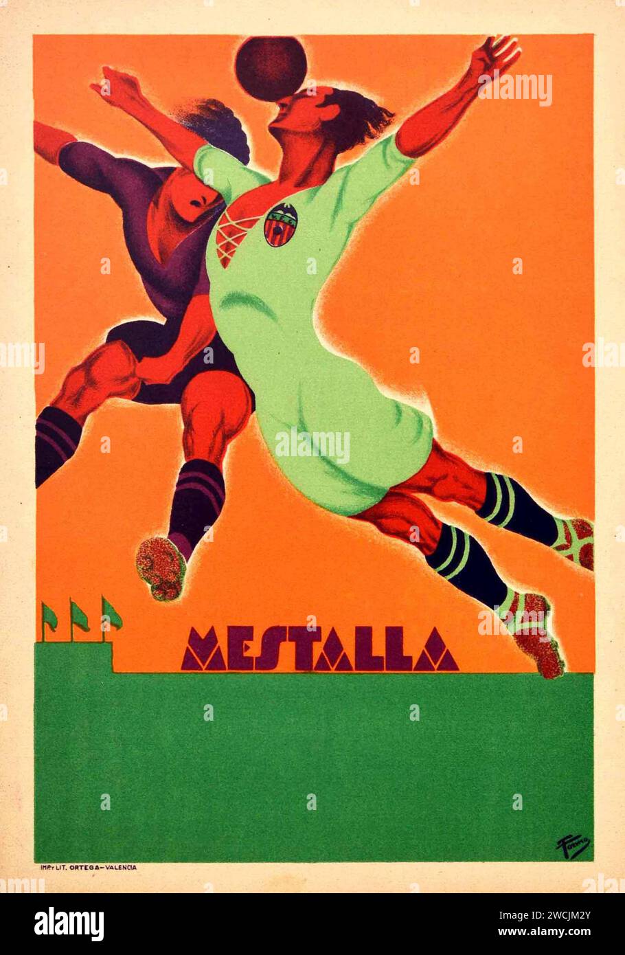 "Mestalla", stile Art Deco spagnolo - calcio - poster sportivo - Stampa vintage, 1932 Foto Stock