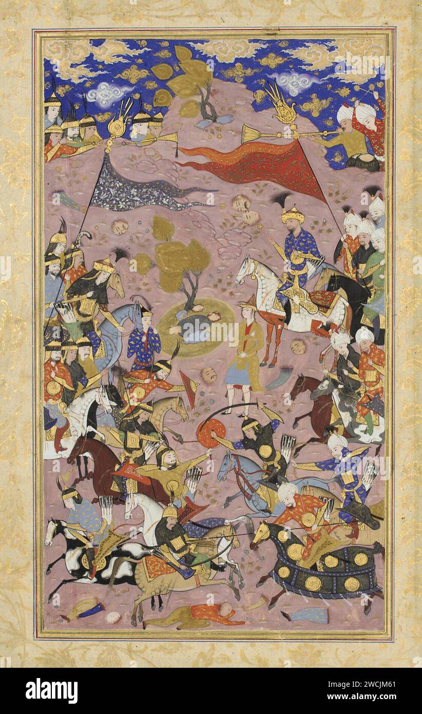 Una battaglia tra l'esercito di Shah Ismail e l'Aq Qoyunlu, Safavid Qazvin o Isfahan, cica 1590-1600. Foto Stock