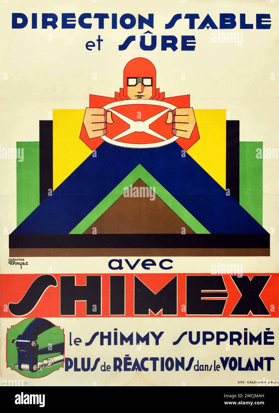 Poster pubblicitario vintage direzione stabile e sicuro sterzo con Shimex ruota motrice Shimmy - anni '1930 - poster pubblicitario belga Foto Stock