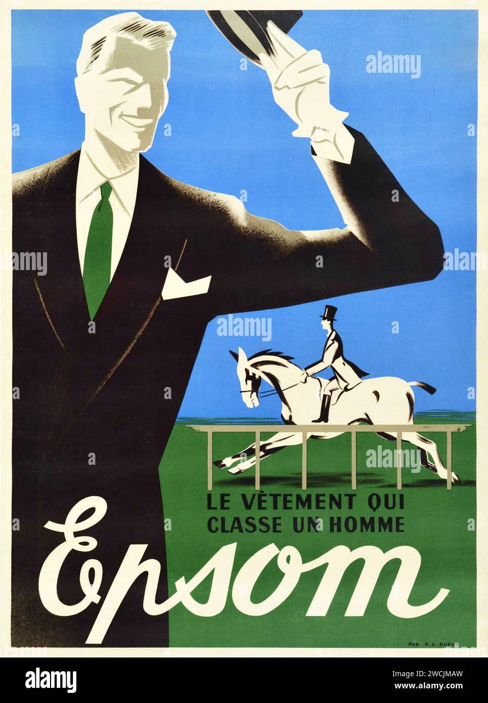 Poster vintage da uomo Fashion un Homme Epsom Man Style Horse Race Design - anni '1930 - l'abbigliamento che classifica un uomo Epsom Foto Stock