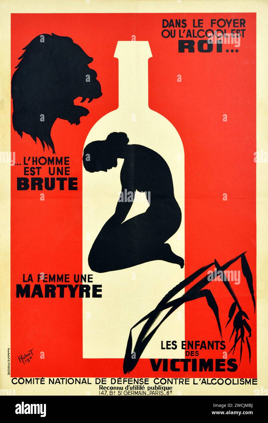 Poster d'epoca l'Homme Est Une Brute ... Antialcolici Propaganda - 1950s Foto Stock