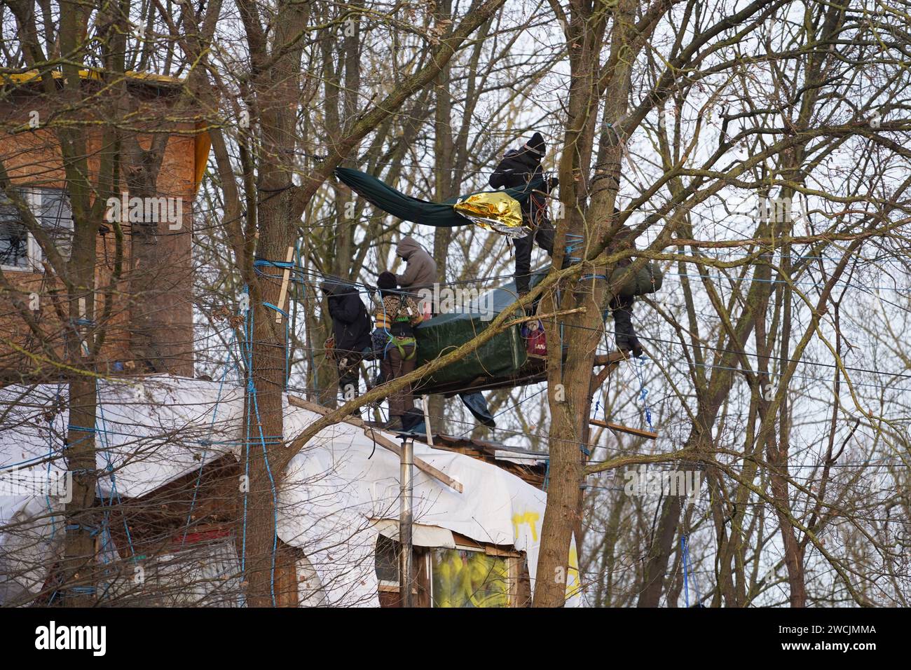 Polizei setzt Räumung von Protestcamp Fort Die Polizei Hannover setzt die Räumung des Protestcamp forte di Camps Tümpeltown. Bereits gestern hatte die Polizei mit Hilfe von Hubsteigern Fünf Aktivisten aus den Bäumen und Verschlägen geholt. SIE erwartet ein Verfahren Wegen Hausfriedensbruch. Die Polizei ist mit Spezialkräften des sogenannten Höheninterventionsteam vor Ort und klettert selbst in die Bäume, um offenbar ein Nachrücken von weiteren Aktivisten zu unterbinden. Mehrere Aktivisten verließen gestern freiwillig das Gelände. Nach Polizeiangaben halten sich derzeit noch eine höhere zweistellige an Foto Stock