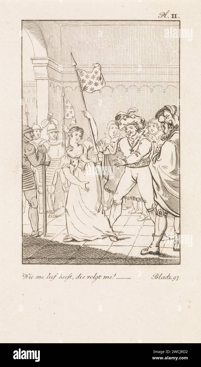 Signori con una donna con una bandiera, Daniël Specelaard (i), dopo Jacob Smies, 1802 - 1809 stampare Una donna con una bandiera su cui il francese Fleur-de-Lis in un interno, circondato da molti uomini riccamente vestiti. In alto a destra: pl. II. In basso a destra: Pag. 97. Carta di Haarlem che incide caricature politiche e satire Foto Stock
