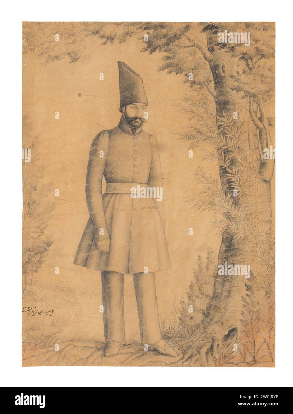 Un disegno di un principe Qajar, in piedi in una foresta, attribuito a Mirza Abu'l Hasan Ghaffari, sani al-Mulk, Persia, datato 1844-45. Foto Stock