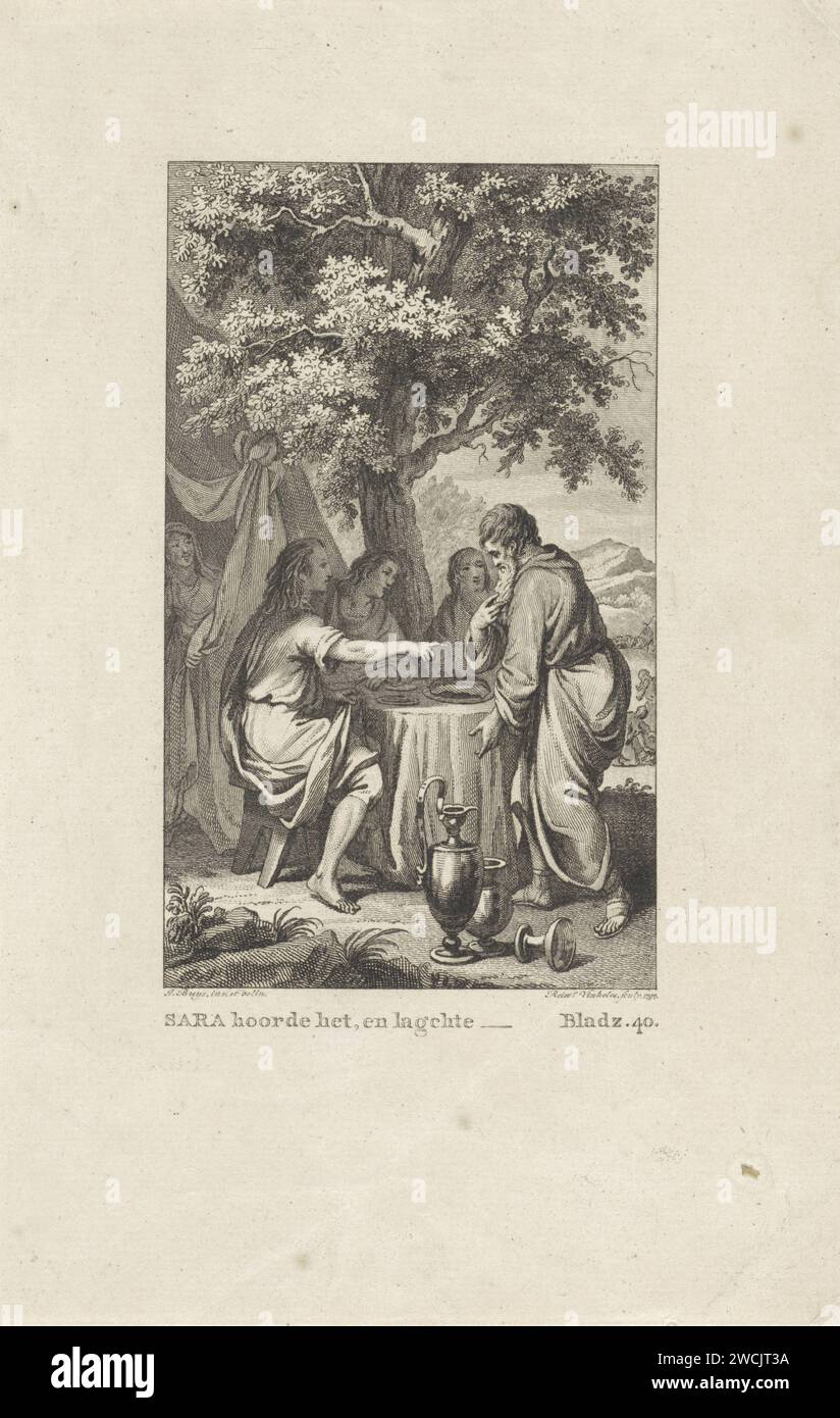 Abraham e De Drie Engelen, Reinier Vinkeles (i), dopo Jacobus Buys, 1797 stampa i tre angeli visitano Abraham e li porta a tavola. Gli promettono che lui e Sara avranno un figlio. Abramo ascolta la notizia. Sara ascolta la tenda. Amsterdam carta incisione / incisione la promessa di un figlio si rinnova; Sarah, ascoltandola, ride incredulamente Foto Stock