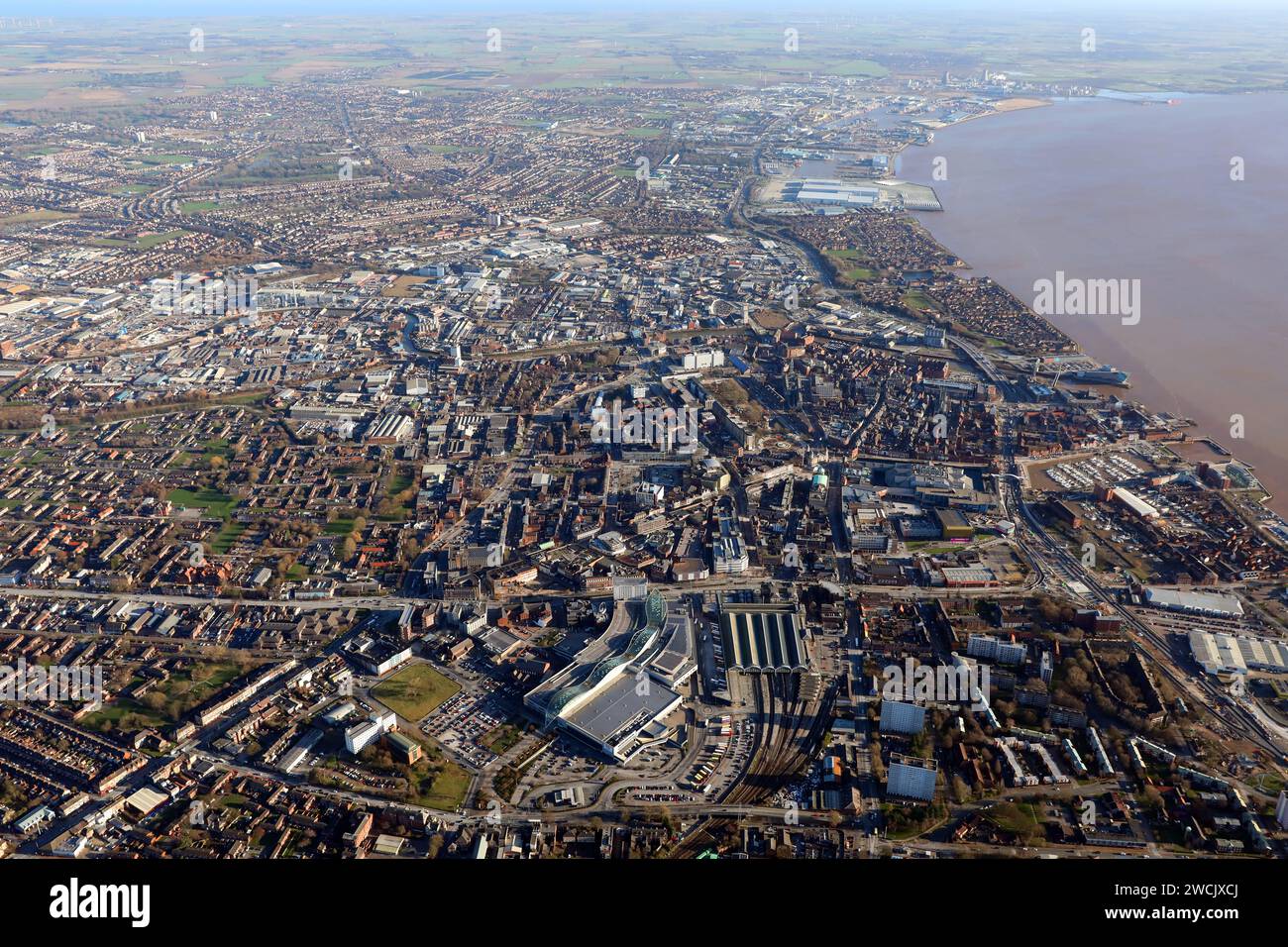 Vista aerea del centro di Hull (Kingston upon Hull) East Yorkshire. Questa vista da ovest guardando a est. Foto Stock