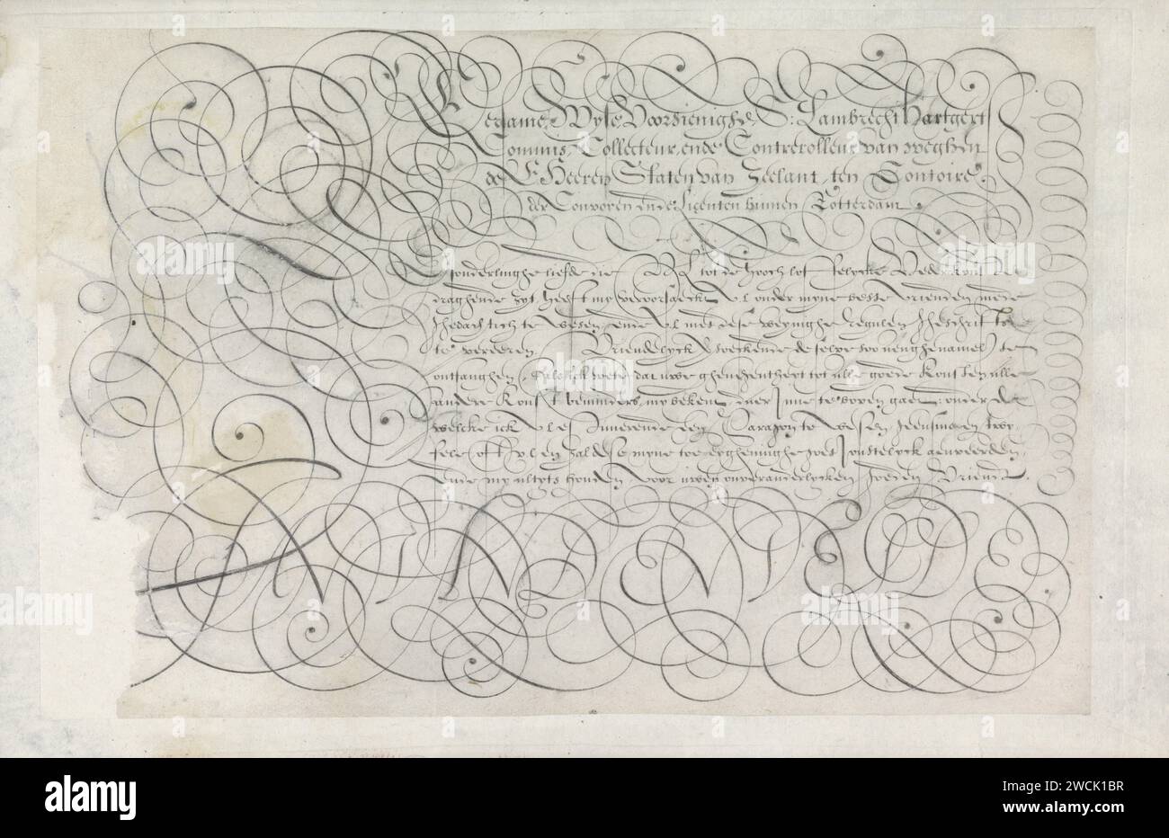 Disegno di una scrittura esempio: Eersame Wyse Voorsiighe (...), 1605 disegno calligrafico con il preambolo: Eersame Wyse Voorsiighe S. Lambrecht Hartgerts Commis, collezionista e contrerolleur van Weerhen de Heen Stati di Zeelant, Ten Kontoire der Convoyen e le licenze all'interno di Rotterdam. In una lettera diversa, nove righe di testo in olandese: The Sonderlnghe Love ... Il testo è incorniciato da arricciatura. In fondo al nome di Jan van de Velde in lettere maiuscole. Il disegno fa parte di un album. Giornale di Rotterdam. penna a inchiostro/calligrafia calligrafica Foto Stock