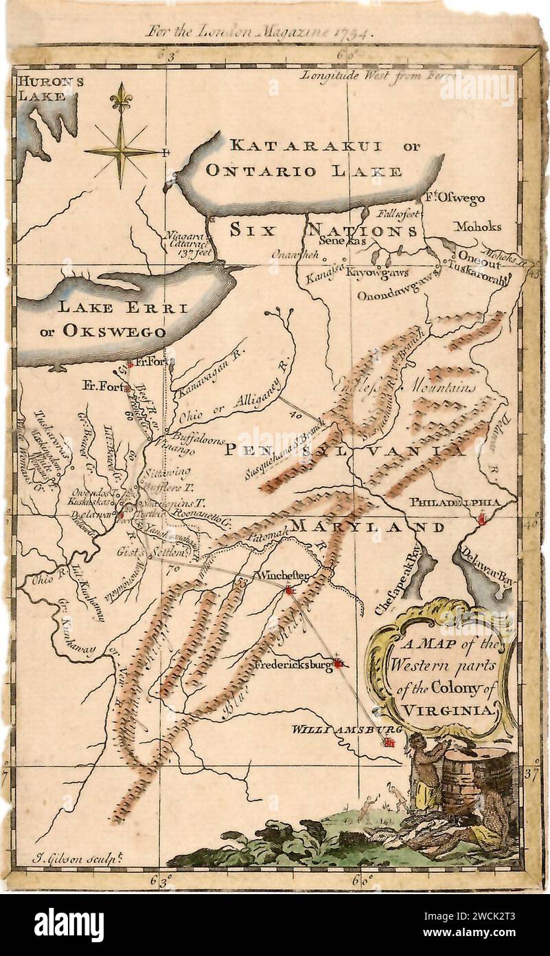 Mappa delle parti occidentali della Colonia della Virginia, 1754. Foto Stock