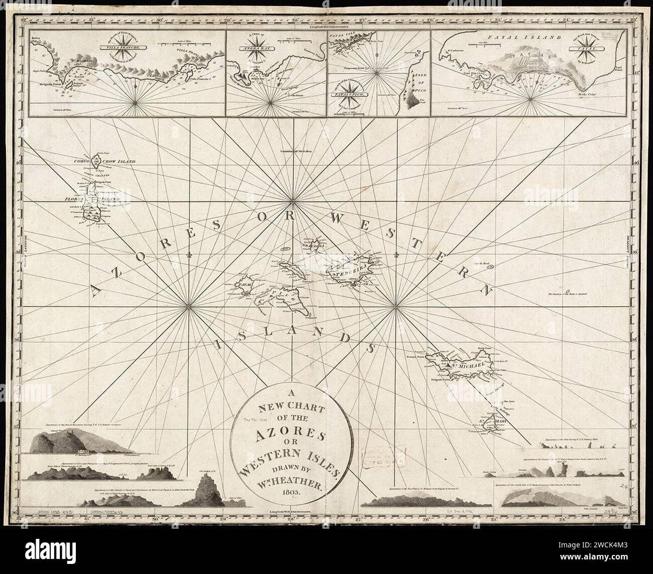 Una nuova carta delle Azzorre o delle Isole occidentali, William Heather, Londres, 1803 - immagine 209034. Foto Stock