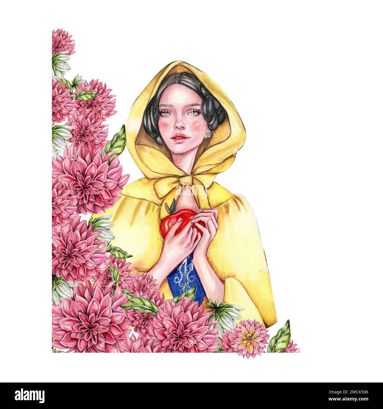 Composizione con ragazza con capelli scuri in impermeabile giallo con mela in mano e fiori. Illustrazione ad acquerello disegnata a mano basata sulla fiaba. C Foto Stock