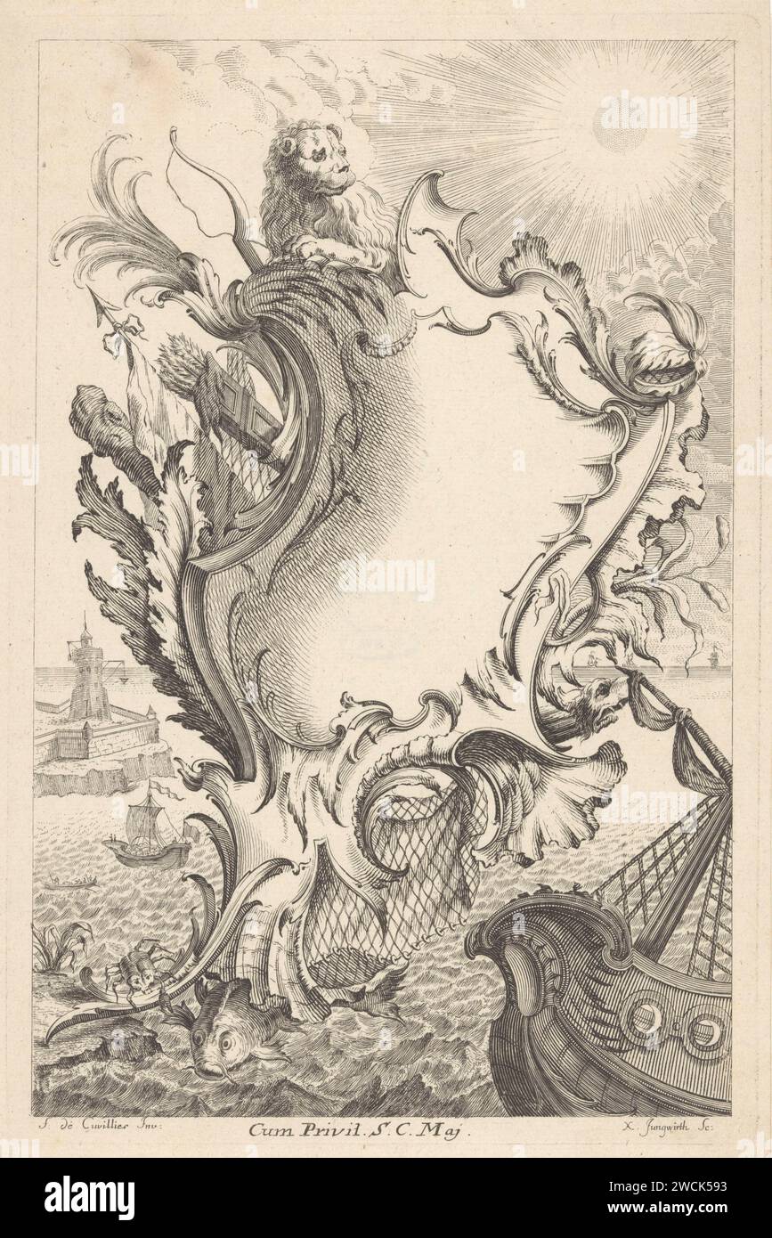 Cartuccia mette leeuw in penne, Franz Xaver Jungwirth, dopo Francesco di Cuvilliés (Sr.), 1738 stampa Un cartiglio con un leone e armi in un paesaggio marino con reti da pesca, animali marini e una barca sul lato inferiore. Sullo sfondo navi e un faro. Ornamento incisione carta Germania  cartiglio. bestie prede, animali predatori: leone. armi. mare (paesaggio marino). navi (in generale) Foto Stock