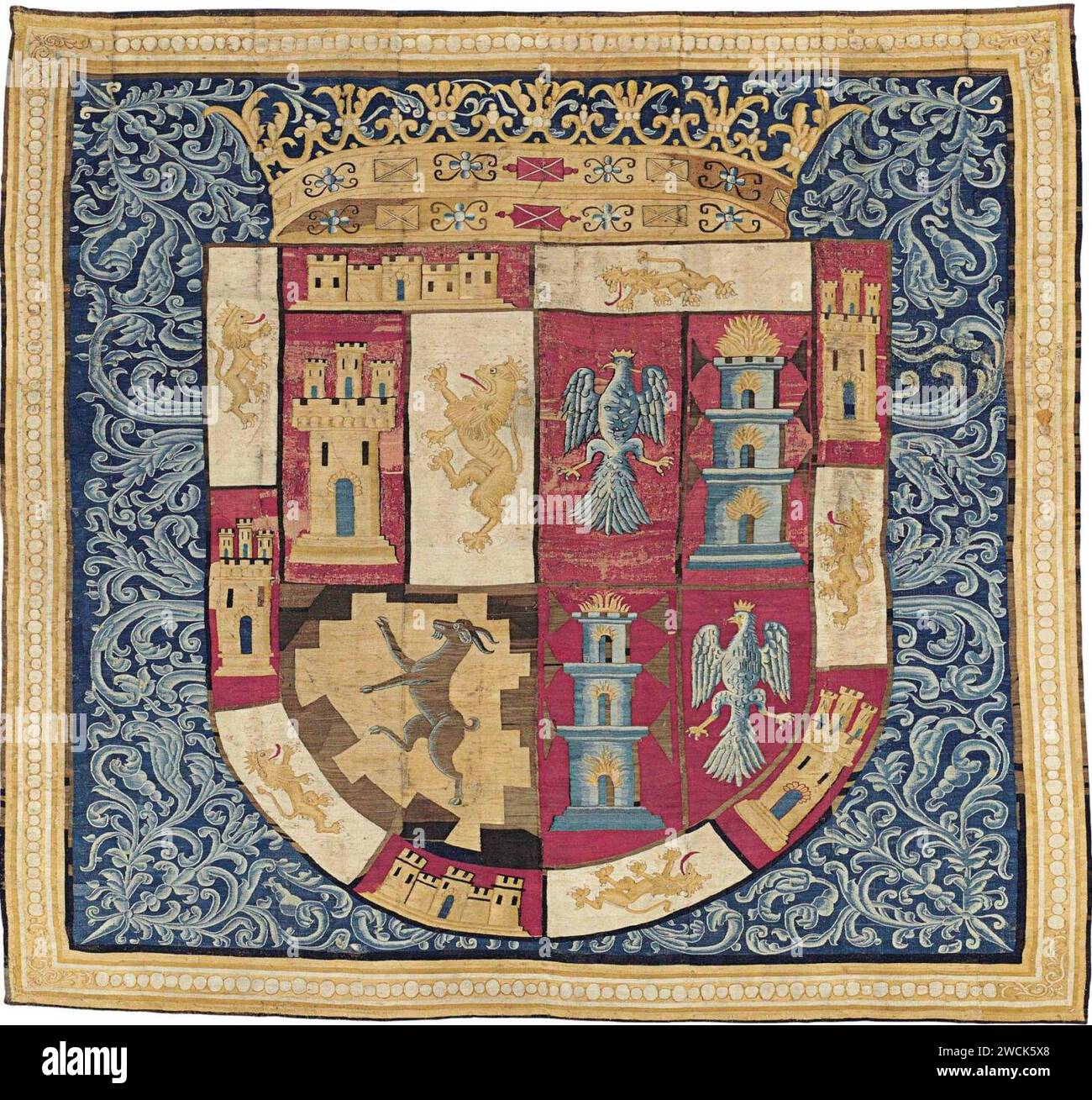 Un arazzo araldico peruviano raffigurante lo stemma di Luis Jeronimo Fernandez de Cabrera y Bobadilla, IV conte di Chinchón. Foto Stock