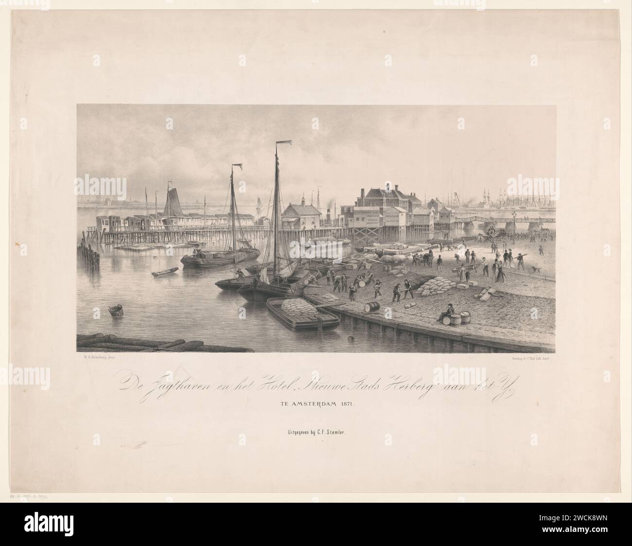 Vista del Nieuwe Stadsherberg ad Amsterdam, Willem Hendrik Eickelberg, stampa del 1871 visto l'IJ dal breve canale con il pakery delle aringhe sulla destra dove le navi vengono caricate e scaricate. Dietro il nuovo Stadsherberg poco prima della demolizione. Sullo sfondo a sinistra la torre di Ransdorp, a destra l'Oosterdok. Tipografia: Netherlandsprinter: Amsterdampublisher: Amsterdam paper. molo, banchina, banchina. Hotel, ostello, inn New Stadsherberg Foto Stock