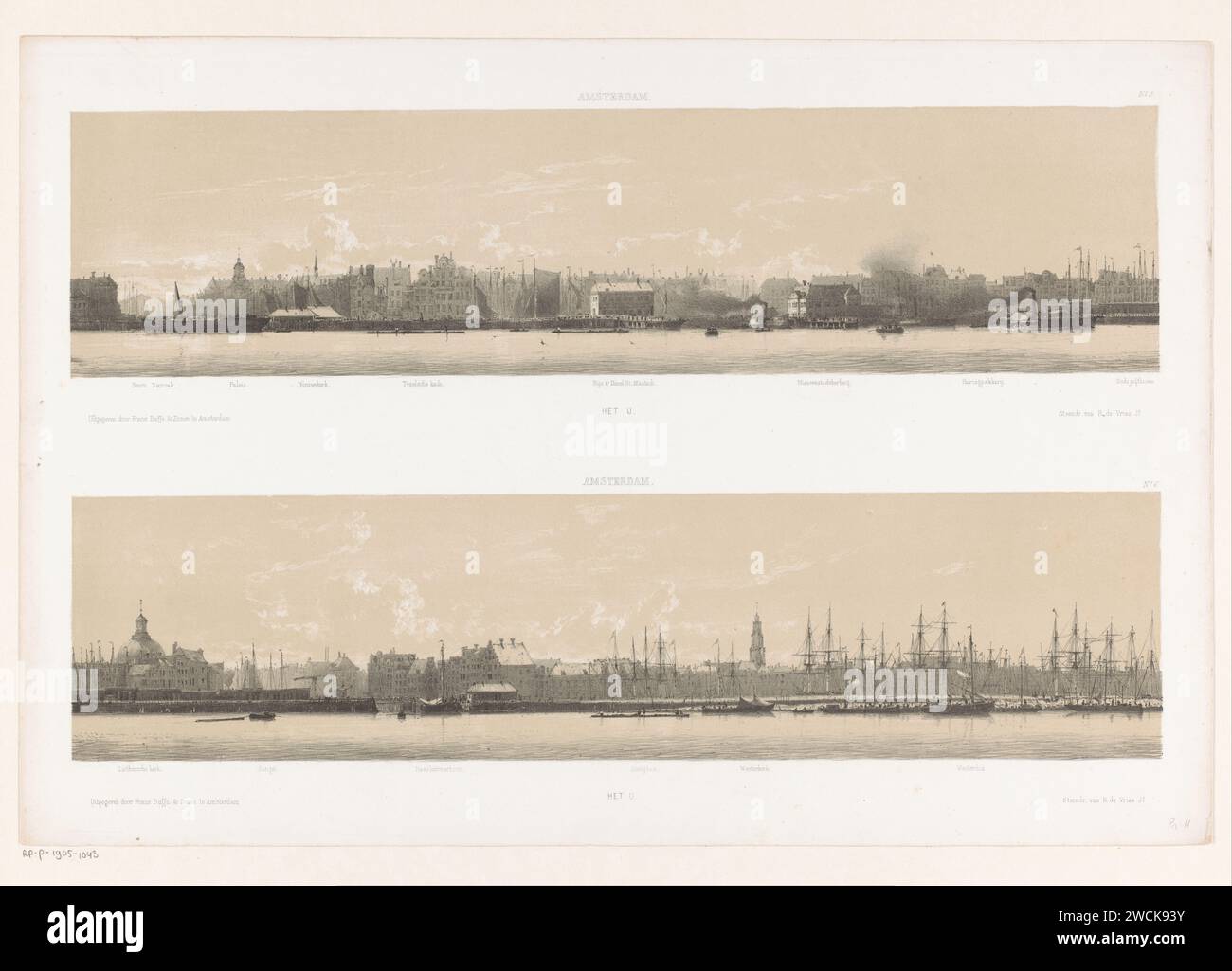 Proflier Van Amsterdam, Johan Conrad Grive, stampa del 1860 la città è stata vista dall'IJ. Nel profilo superiore sono raffigurati il mercato azionario, il Damrak, il Palazzo in Piazza Dam, De Nieuwe Kerk, il Texelse Kade, Rijn & IJssel Maatschappij, De Nieuwe Stadsherberg, l'Haringpakkerij e il vecchio porticciolo. Il secondo profilo sottostante continuerà con la Chiesa luterana, il Singel, l'Haarlemmerboom, il Droogbak, il Westerkerk e il Westerdok. Entrambi i profili sono numerati in alto a destra. Amsterdam carta prospettiva della città, panorama cittadino, sagoma della città Amsterdam Foto Stock