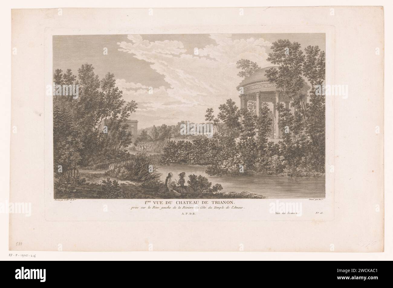 Veduta del giardino del Petit Trianon con il Tempio dell'amour, nata Francois Denis, dopo Louis Nicolas de Lespinasse, 1749 - 1817 stampa numerata sotto: N. 16. Giardino di acquaforte in carta francese Little Trianon Foto Stock