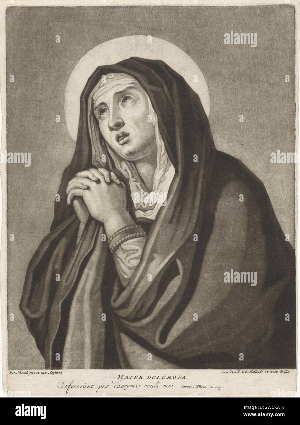 Maria ALS Mater dolorosa, Pieter Schenk (i), dopo Charles le Brun, 1670 - 1713 stampa Amsterdam paper Engraving 'Prisful Mater' Foto Stock