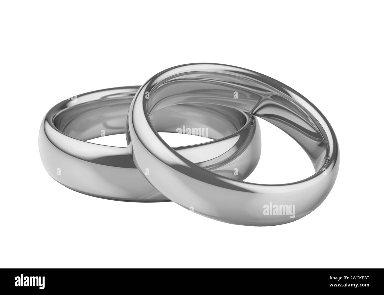 Due fedi nuziali in oro bianco, platino o argento. Illustrazione 3D isolata su sfondo bianco. Foto Stock