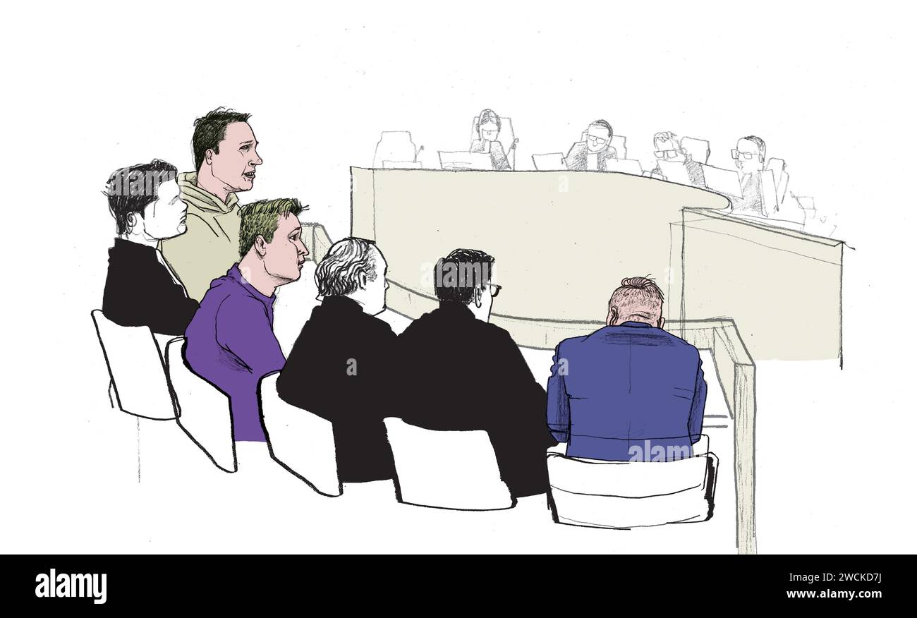 ZWOLLE - disegno di tre sospettati e dei loro avvocati in tribunale. I tre uomini dello Staphorst sono stati condannati a 180 ore di servizio comunitario e a due settimane di sospensione della pena detentiva per il loro ruolo nell'attacco ai manifestanti di Kick Out Zwarte Piet (KOZP). ANP GIJS KAST netherlands Out - belgio Out Foto Stock