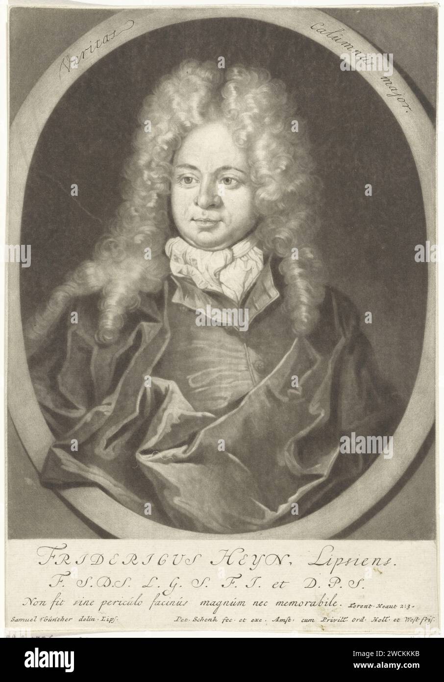 Ritratto di Friedrich Heyn, Pieter Schenk (i), in onore di Samuel Gunther, 1670 - 1713 stampa Amsterdam carta incisione parrucca Foto Stock