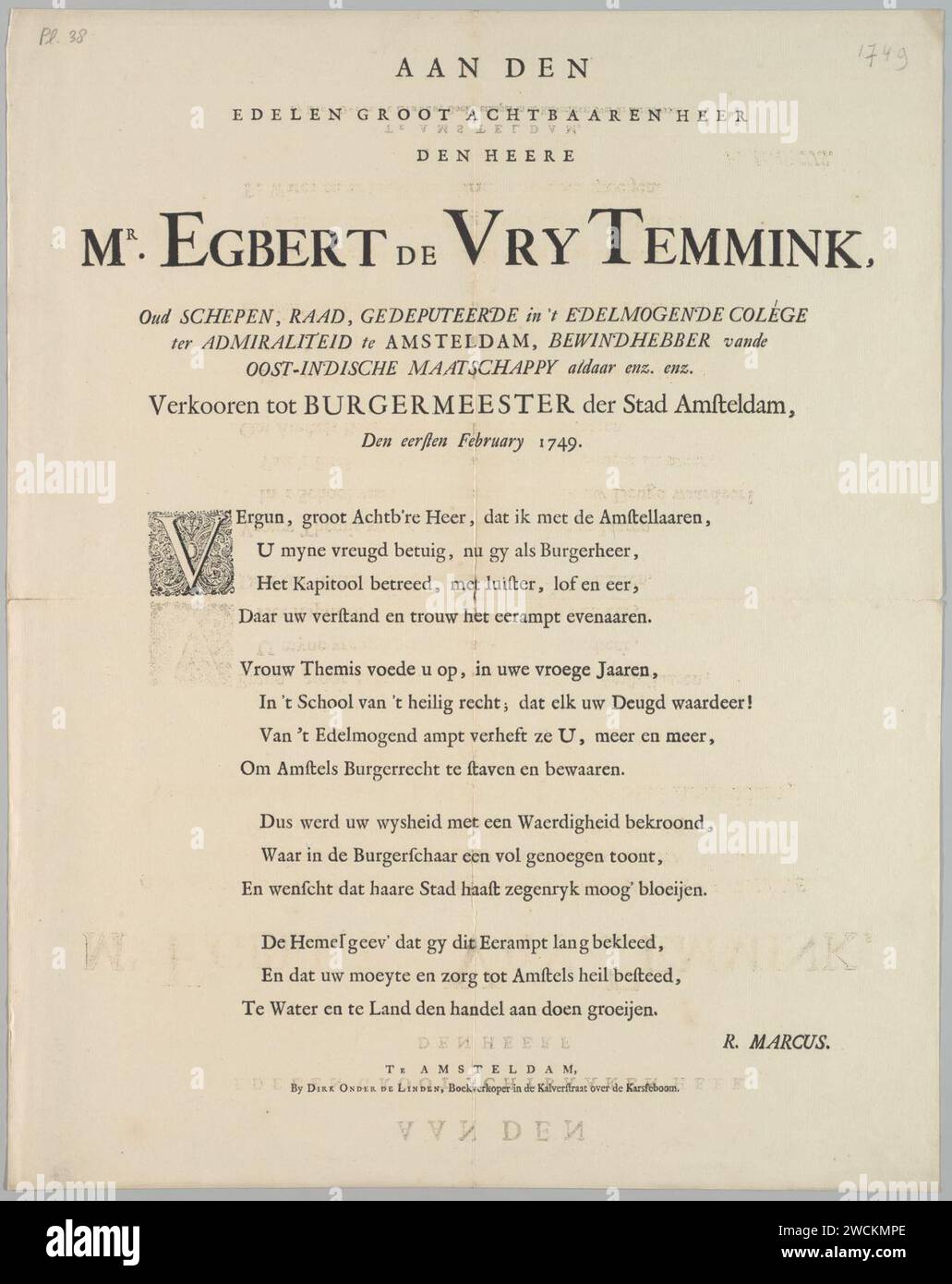Aan den edelen groot achtbaaren heer den heere mr. Egbert de Vry Temmink ... Verkooren tot burgermeester der stad Amsteldam, den eersten febbraio 1749 - Foto Stock