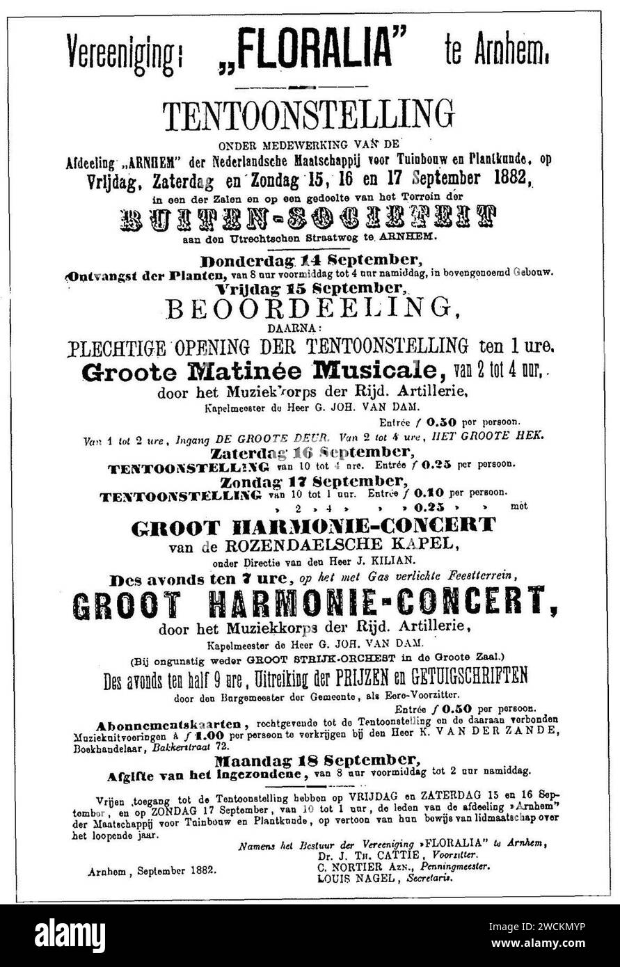 Aankondiging van de Floralia tentoonstelling, Arnhem, 15-17 settembre 1882. Foto Stock