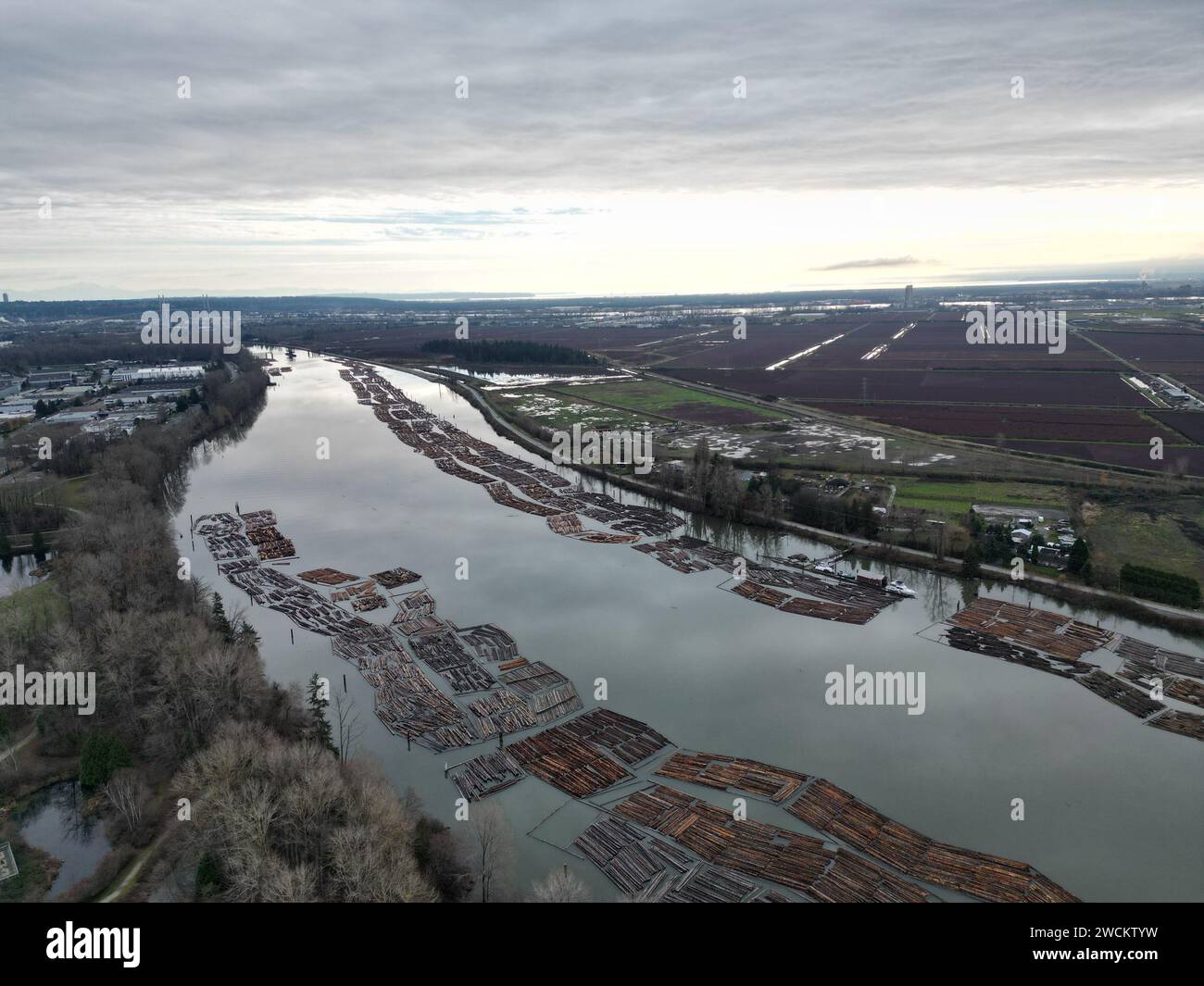 Un fiume sereno che scorre attraverso lussureggianti fogliame con barche che adornano dolcemente le sue sponde Foto Stock