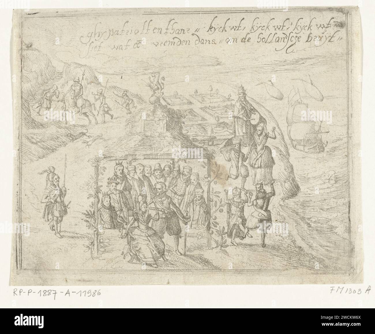 Stampa del titolo dell'opuscolo: Ghy patriots Now 'kijck uut, kijck uut, siet What a Stranger dance' to the Hollandtsche Bruut, Anonymous, 1615 print. Scheda di testo Stampa del titolo dell'opuscolo intitolato: Ghy patriots Now 'kijck uut, kijck uut, siet What a Strangers dance' per Hollandtsche Bruut. La Vergine olandese seduta sotto un arborato incoronato con il leone olandese con un binocolo e una gru in mano, dietro di lei si trova il principe Maurizio di fronte a un gruppo di principi. A destra, l'imperatore, il re di Spagna, l'arciduca Alberto e Isabella danzano il papa su Trom e Fluit The size. Nel backgrou Foto Stock